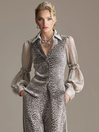 Retro Chiffon Sleeve Leopard Print Top & Wide-leg Pants Set