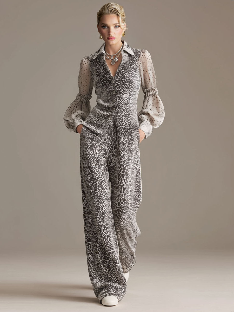 Retro Chiffon Sleeve Leopard Print Top & Wide-leg Pants Set