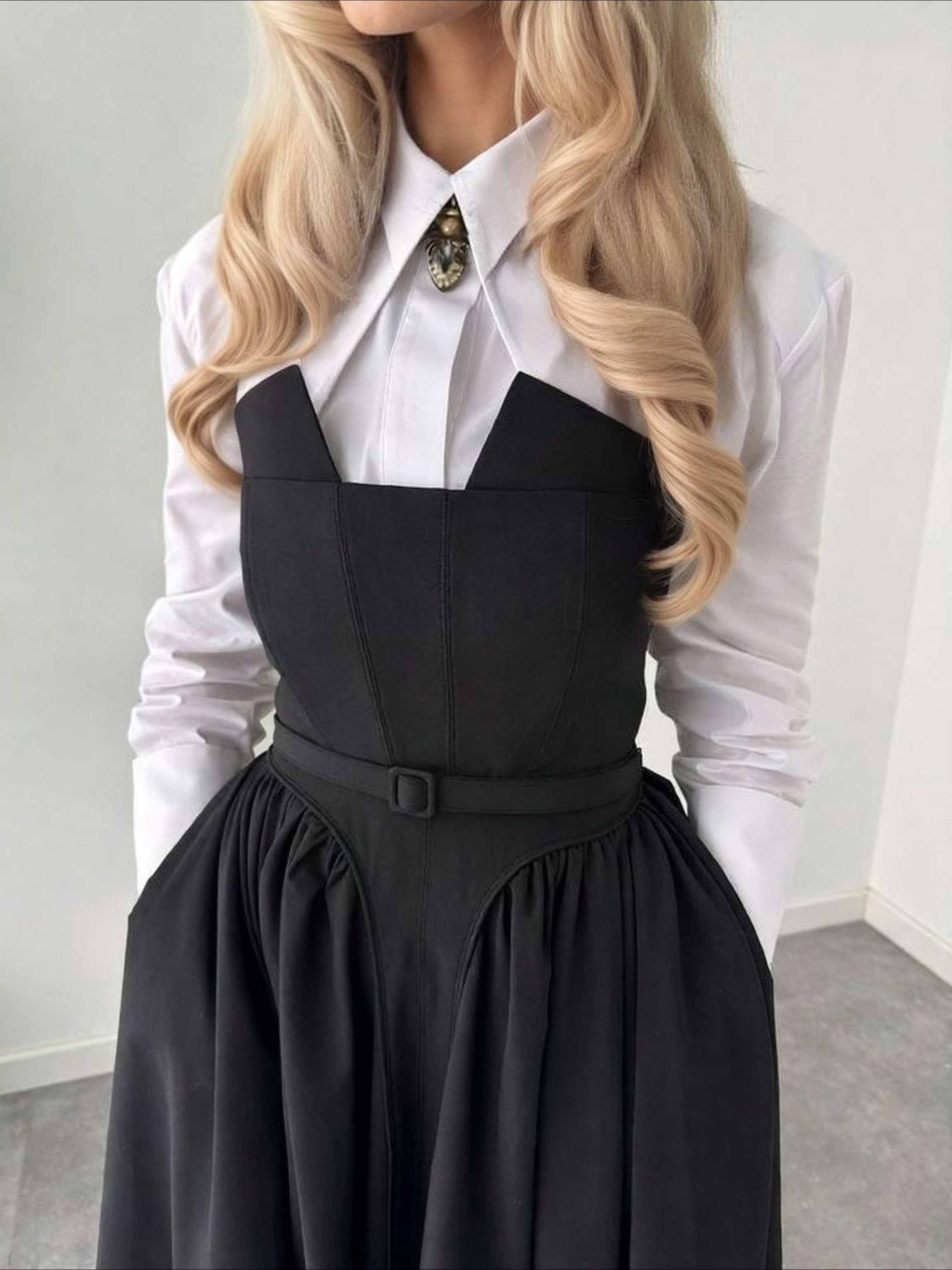 Classic Shirt & Pinafore Midi Skirt Set
