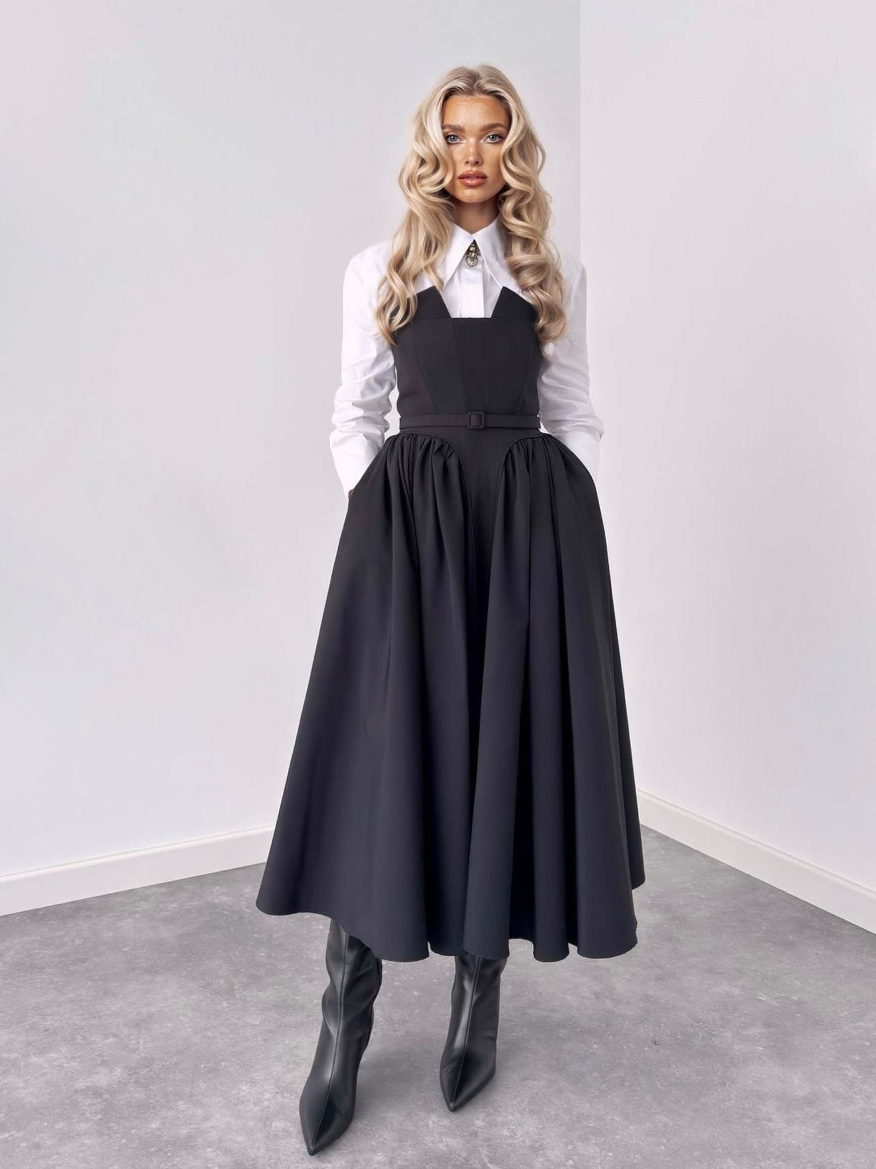 Classic Shirt & Pinafore Midi Skirt Set
