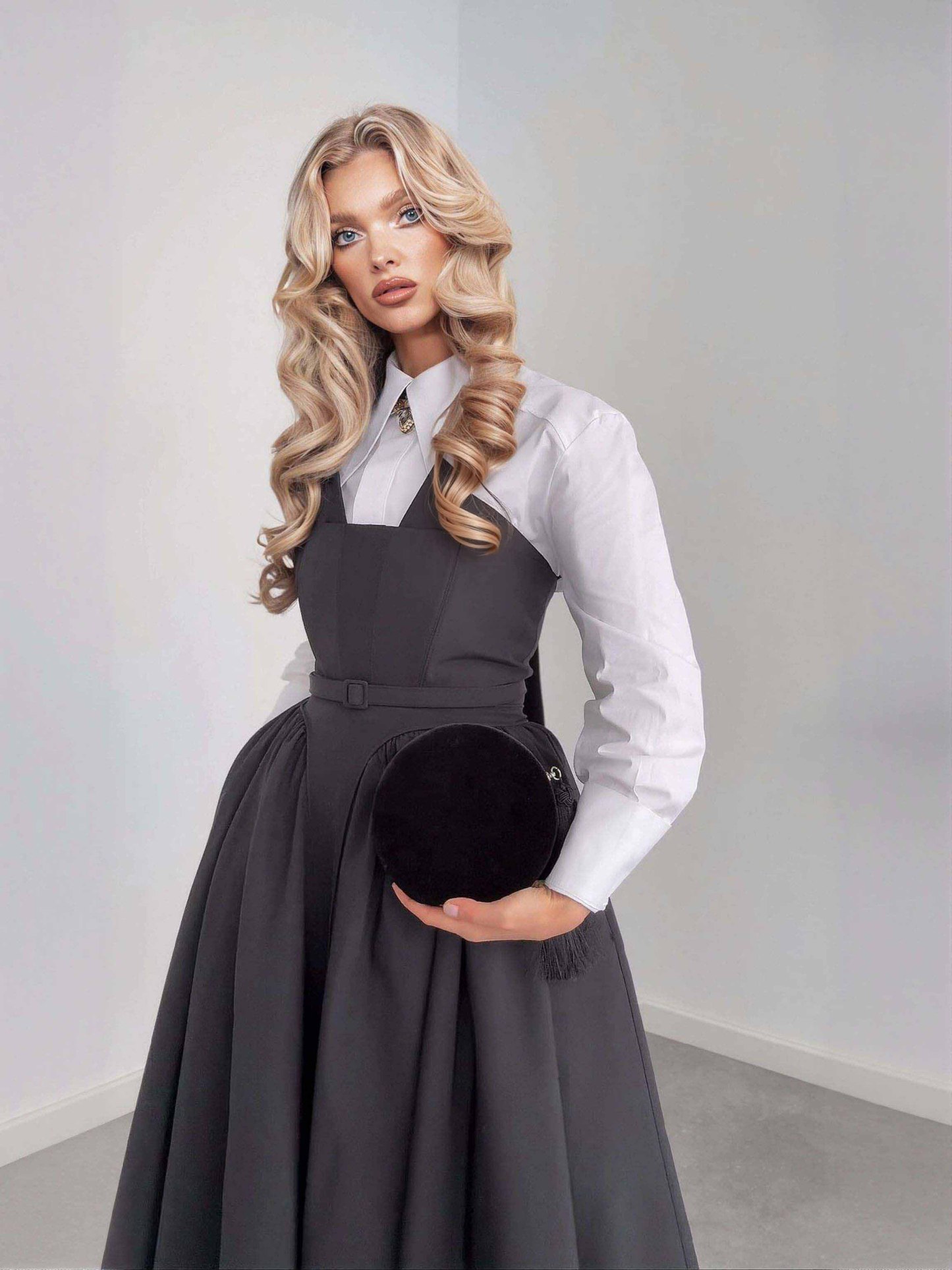 Classic Shirt & Pinafore Midi Skirt Set