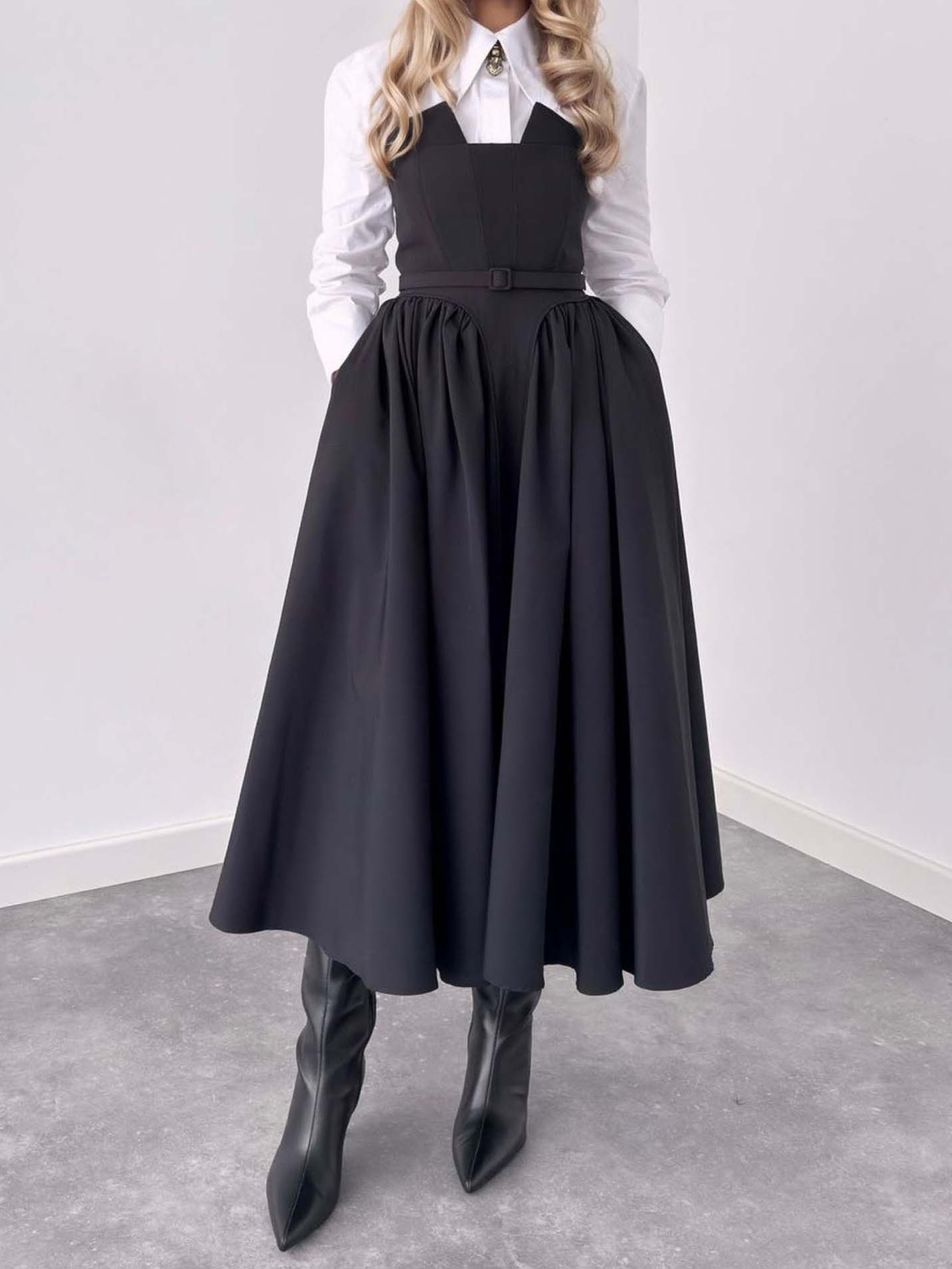 Classic Shirt & Pinafore Midi Skirt Set