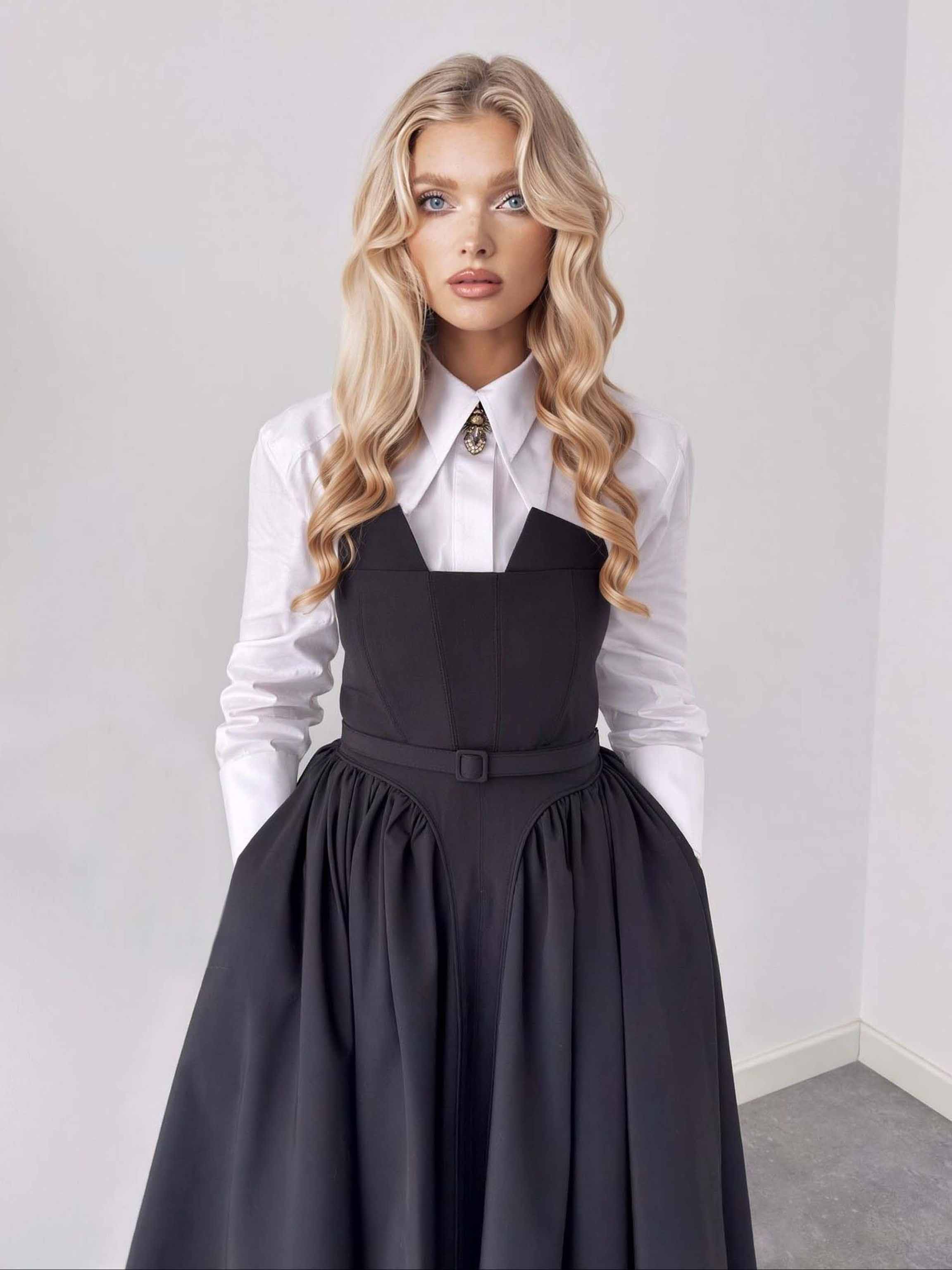 Classic Shirt & Pinafore Midi Skirt Set