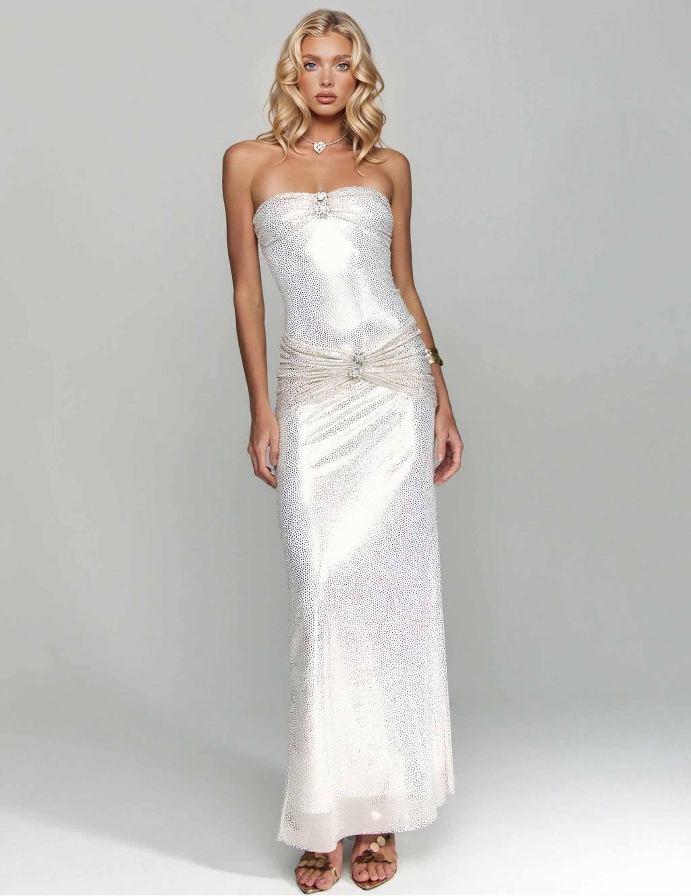 Elegant Strapless Pleated Party Maxi Dress