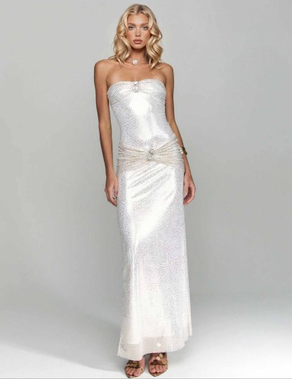 Elegant Strapless Pleated Party Maxi Dress