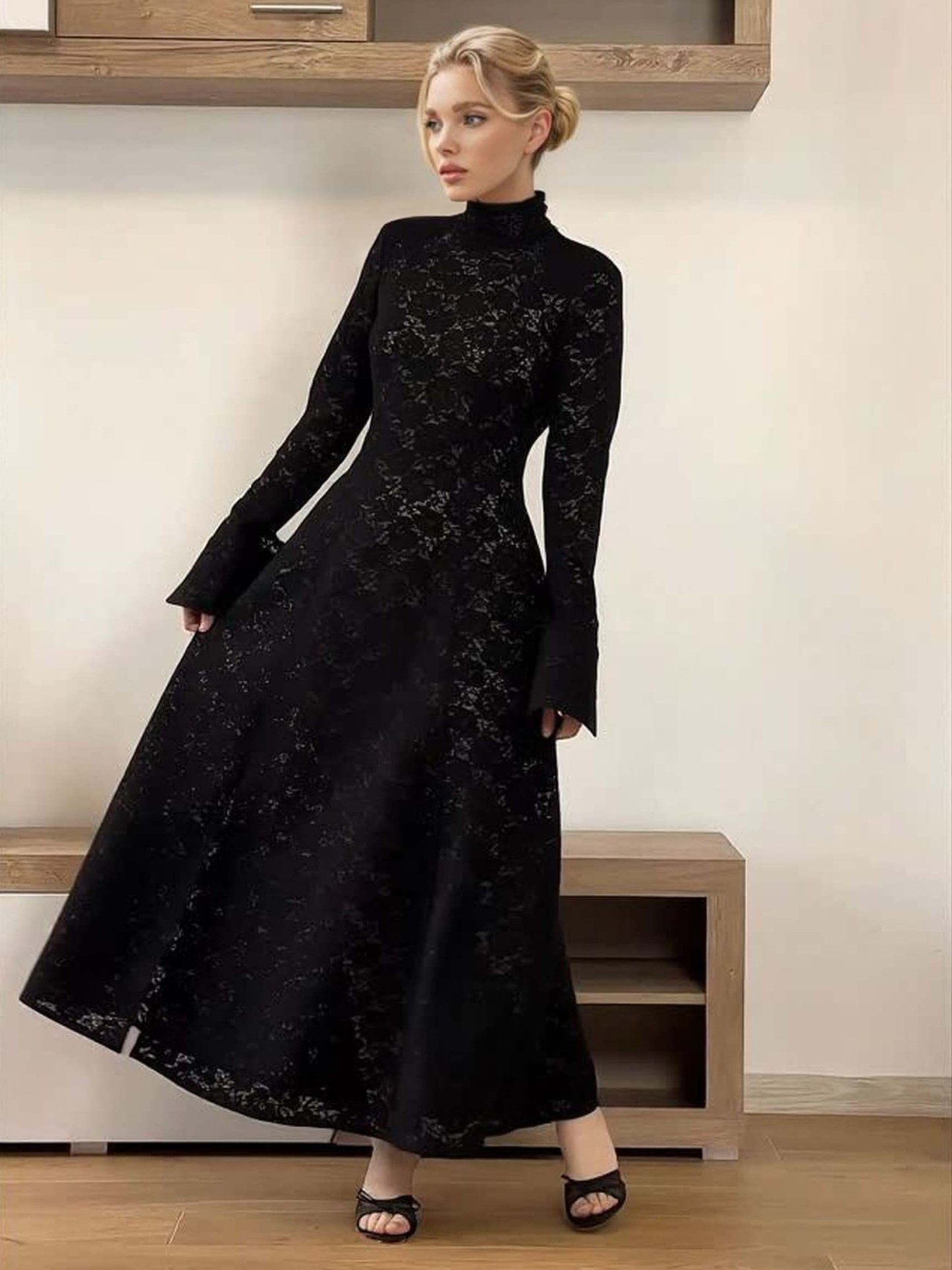 Elegant High-neck Lace Robe & Trousers Two-piece Set