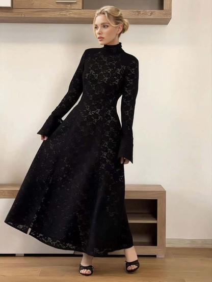 Elegant High-neck Lace Robe & Trousers Two-piece Set