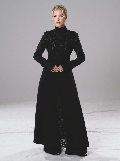 Elegant High-neck Lace Robe & Trousers Two-piece Set