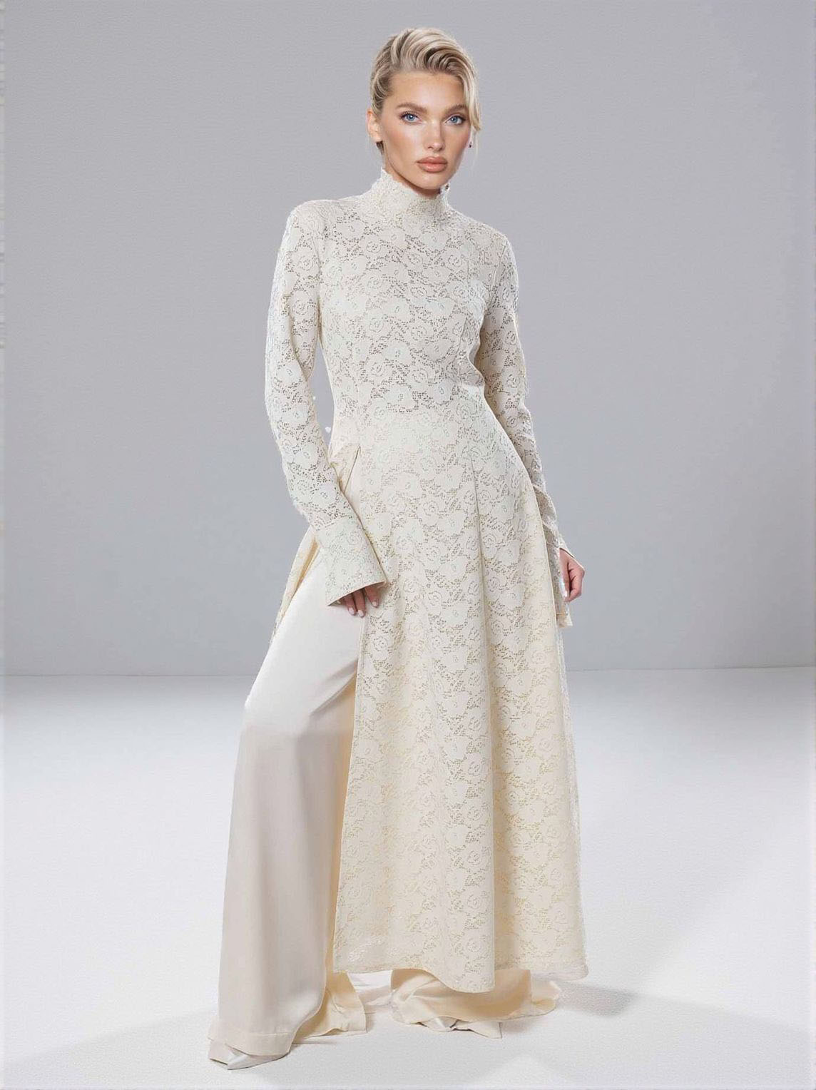 Elegant High-neck Lace Robe & Trousers Two-piece Set