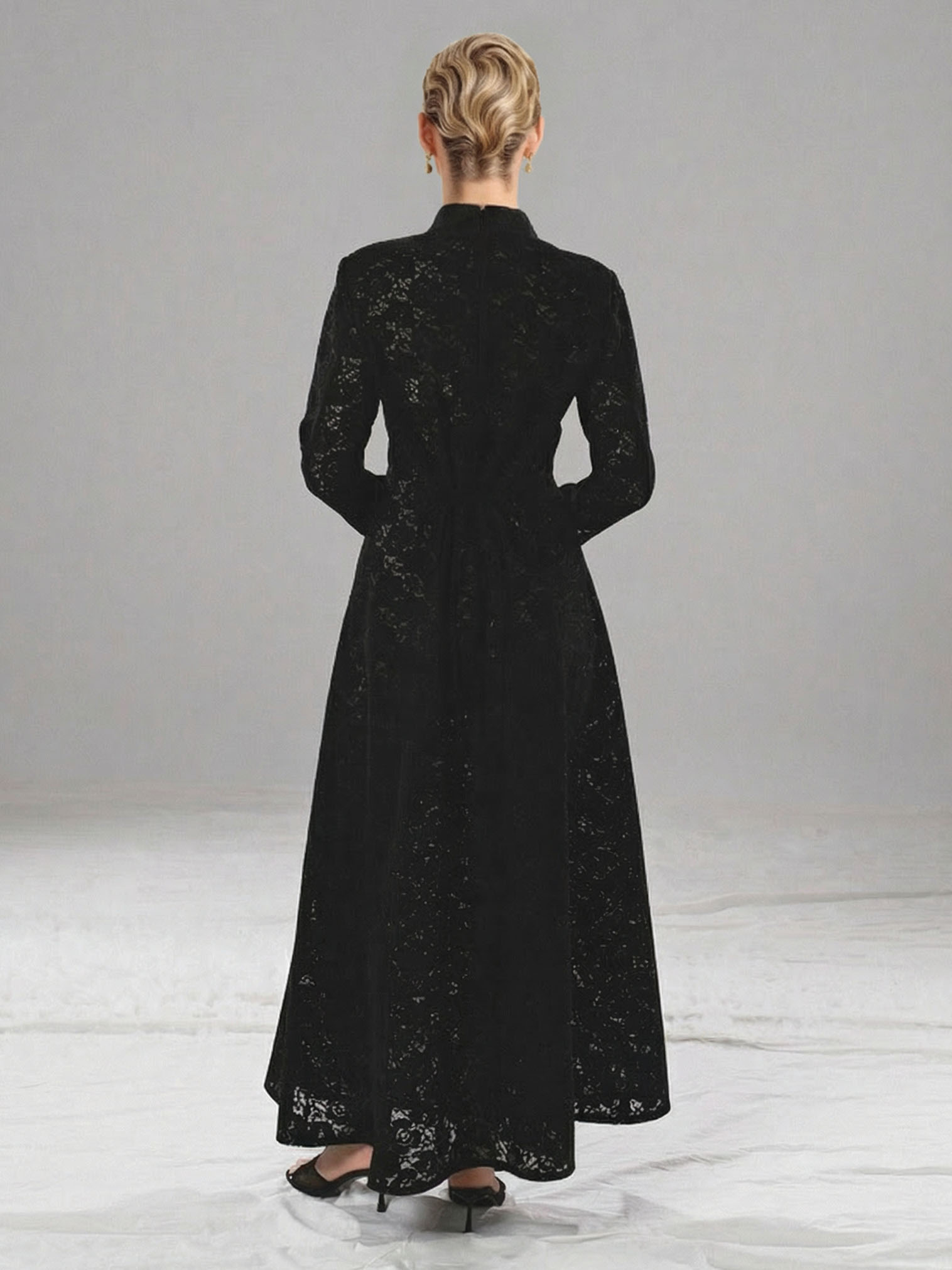 Elegant High-neck Lace Robe & Trousers Two-piece Set