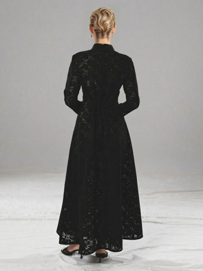 Elegant High-neck Lace Robe & Trousers Two-piece Set