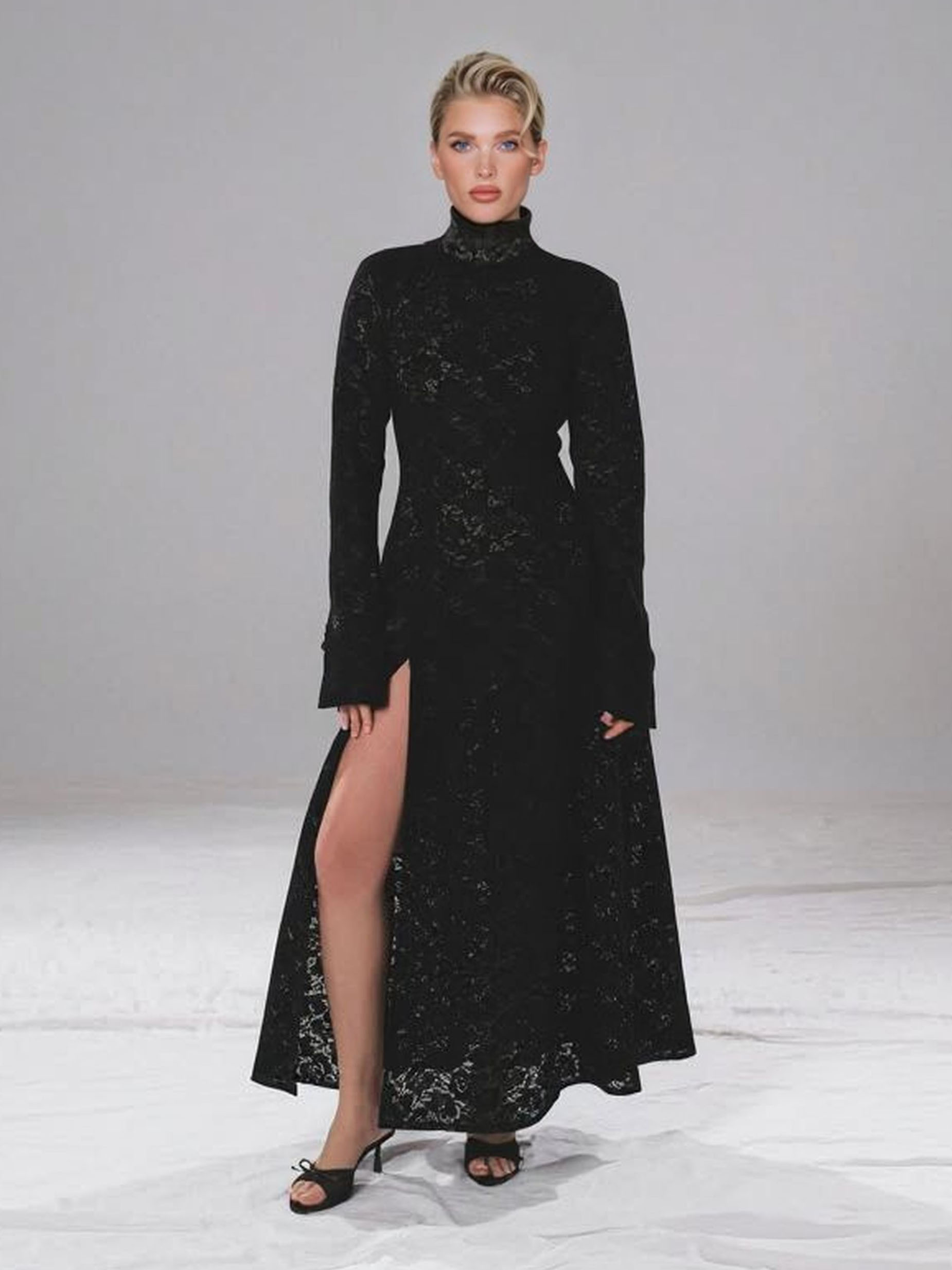 Elegant High-Neck Lace Slit Midi Dress