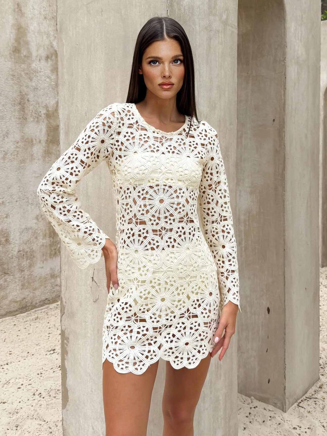 Casual Embroidered Hollow-Out Mini Dress