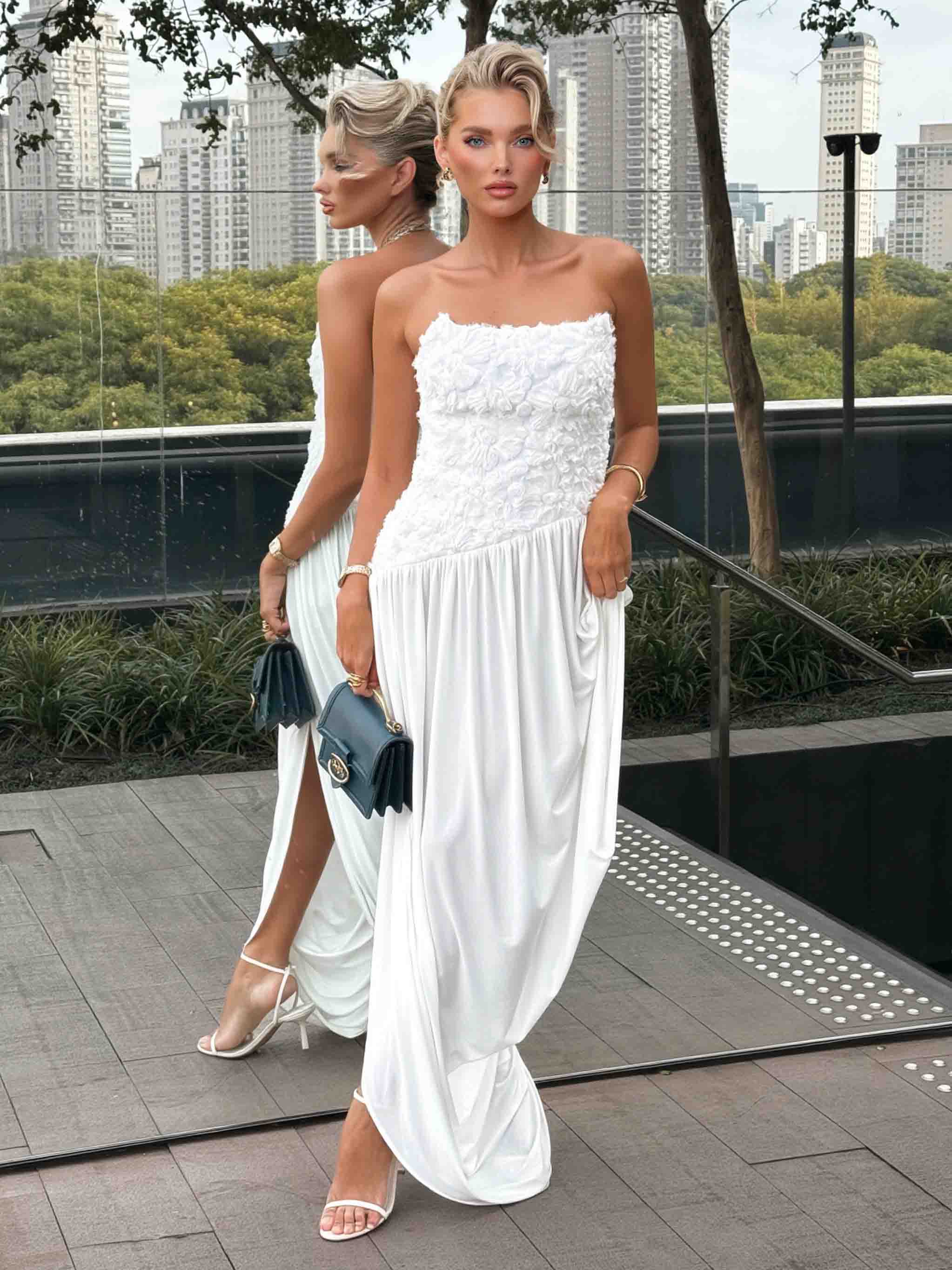 Exquisite Strapless Floral Pleated High-Slit Maxi Dress