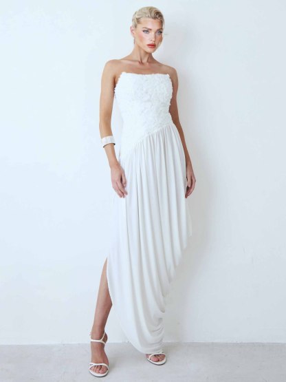 Exquisite Strapless Floral Pleated High-Slit Maxi Dress