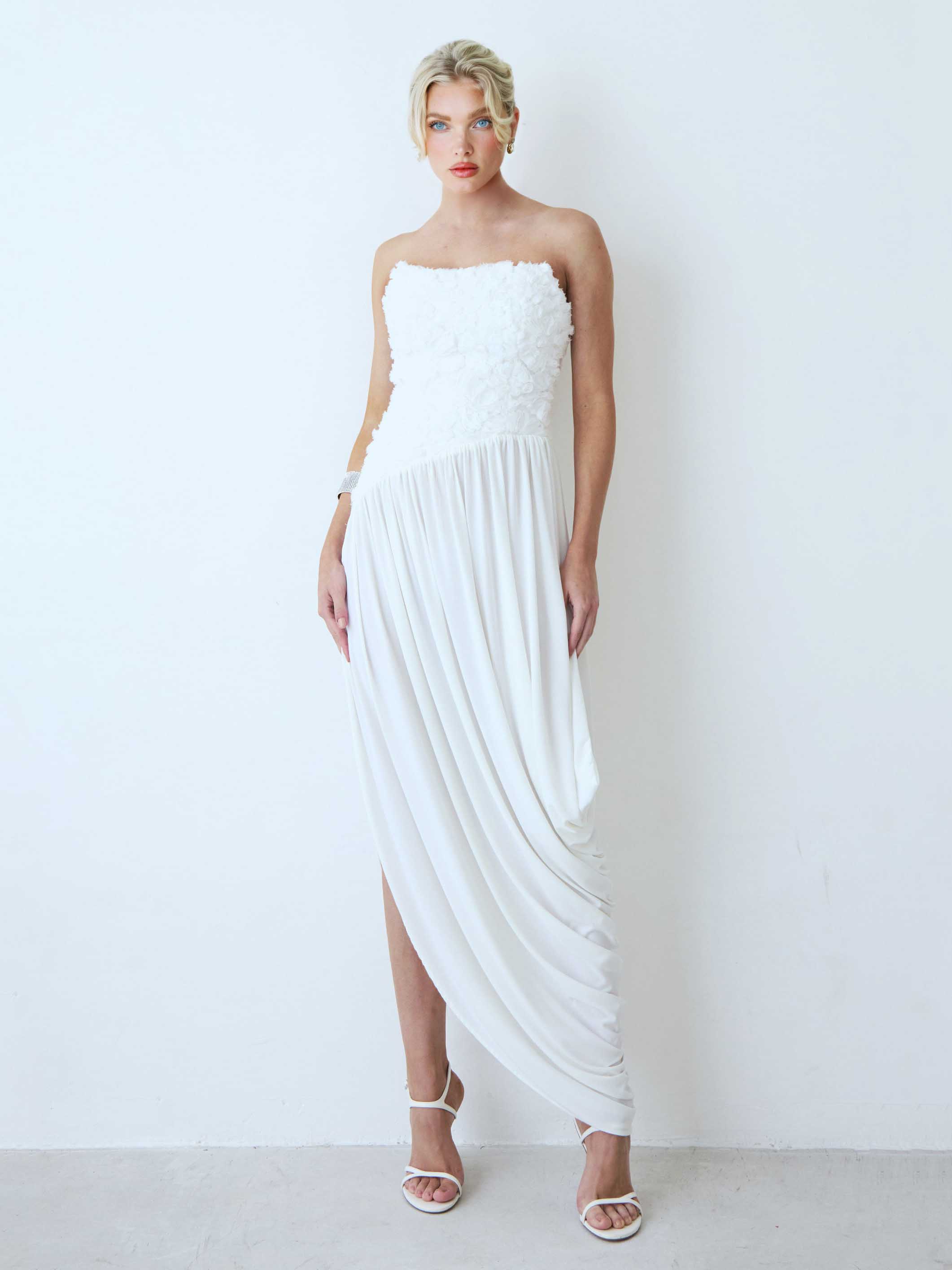Exquisite Strapless Floral Pleated High-Slit Maxi Dress