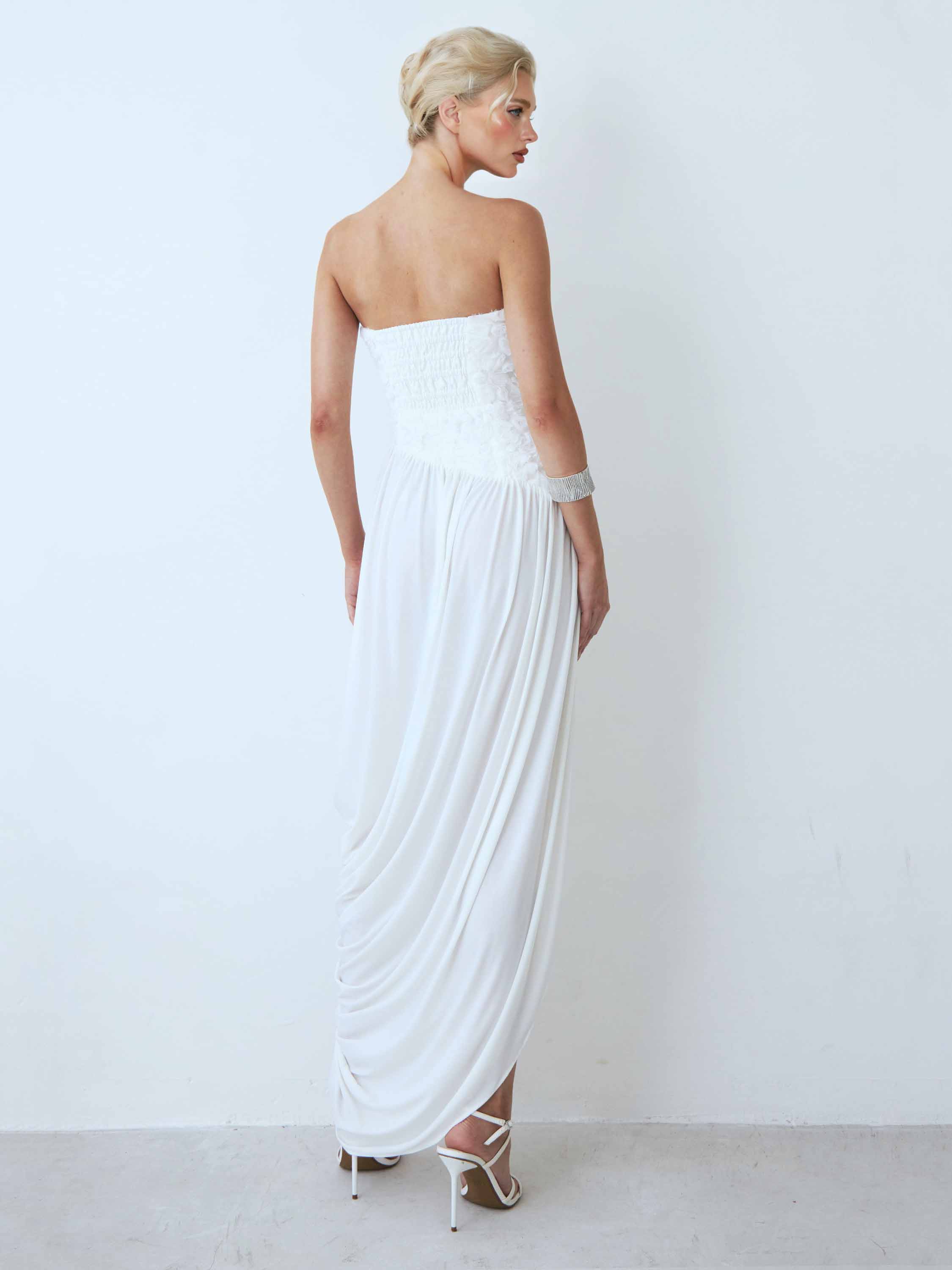 Exquisite Strapless Floral Pleated High-Slit Maxi Dress