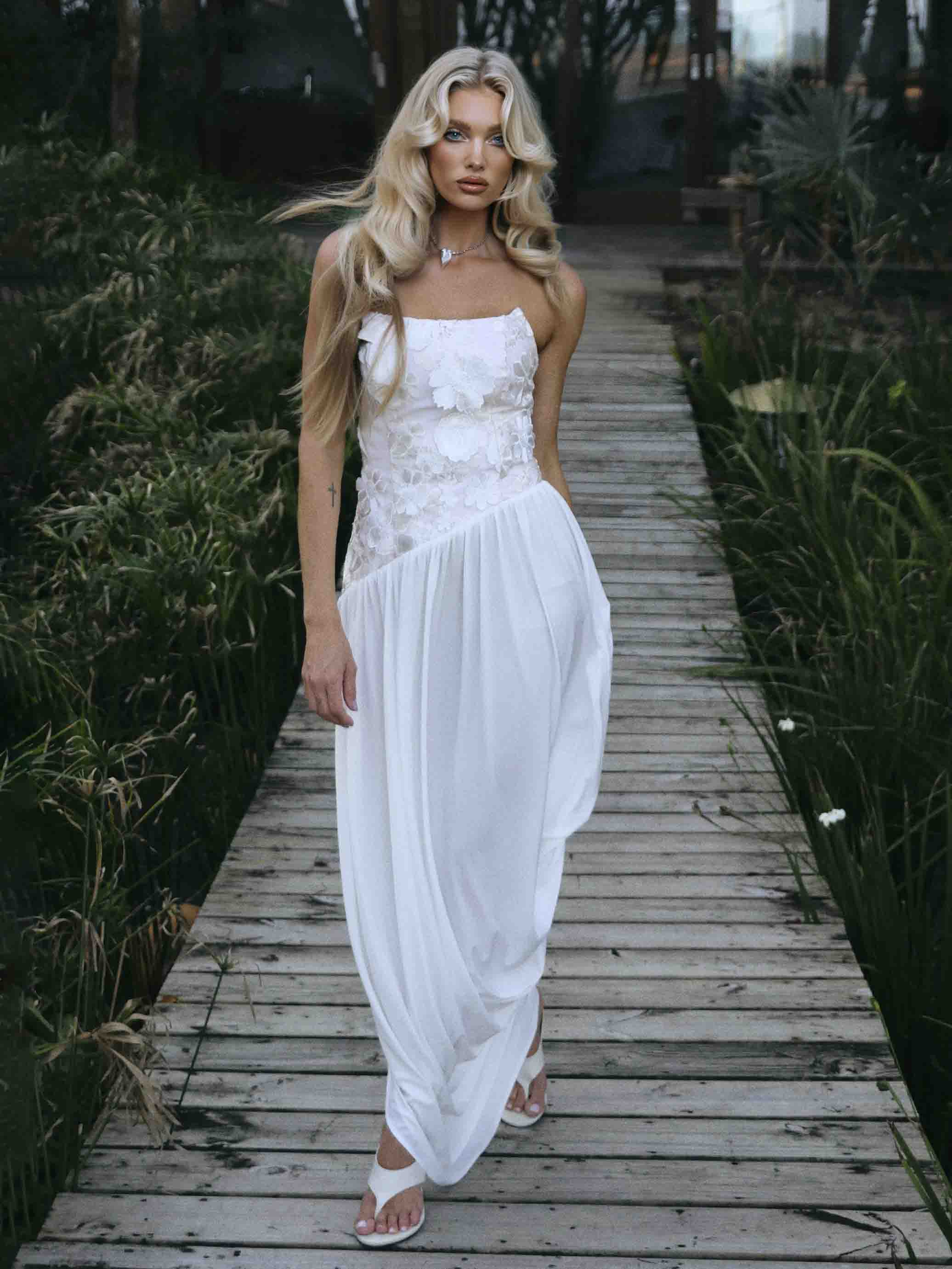 Exquisite Strapless Floral High-Slit Maxi Dress