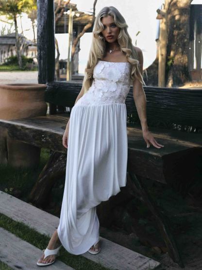 Exquisite Strapless Floral High-Slit Maxi Dress