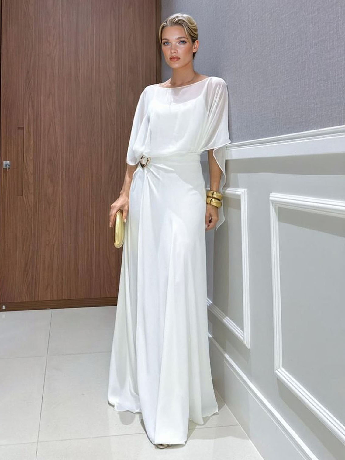 Elegant Chiffon Cape Top & Wide-Leg Pants Two-Piece Set
