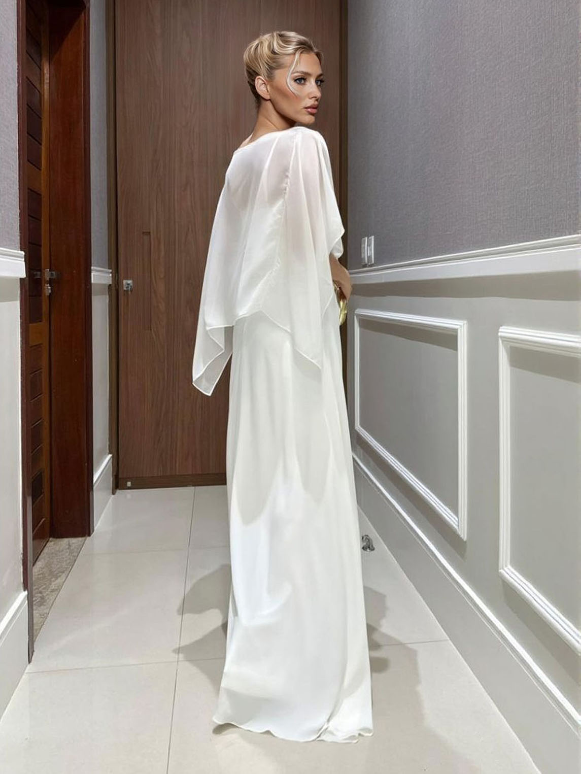 Elegant Chiffon Cape Top & Wide-Leg Pants Two-Piece Set