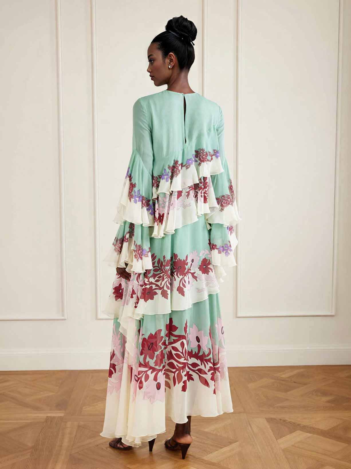 Elegant Floral Print Layered Ruffle Maxi Dress