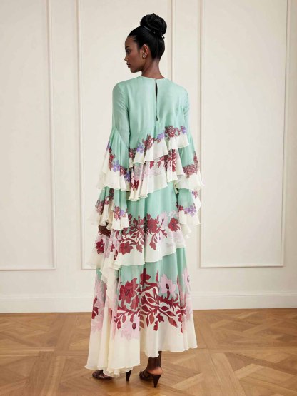 Elegant Floral Print Layered Ruffle Maxi Dress