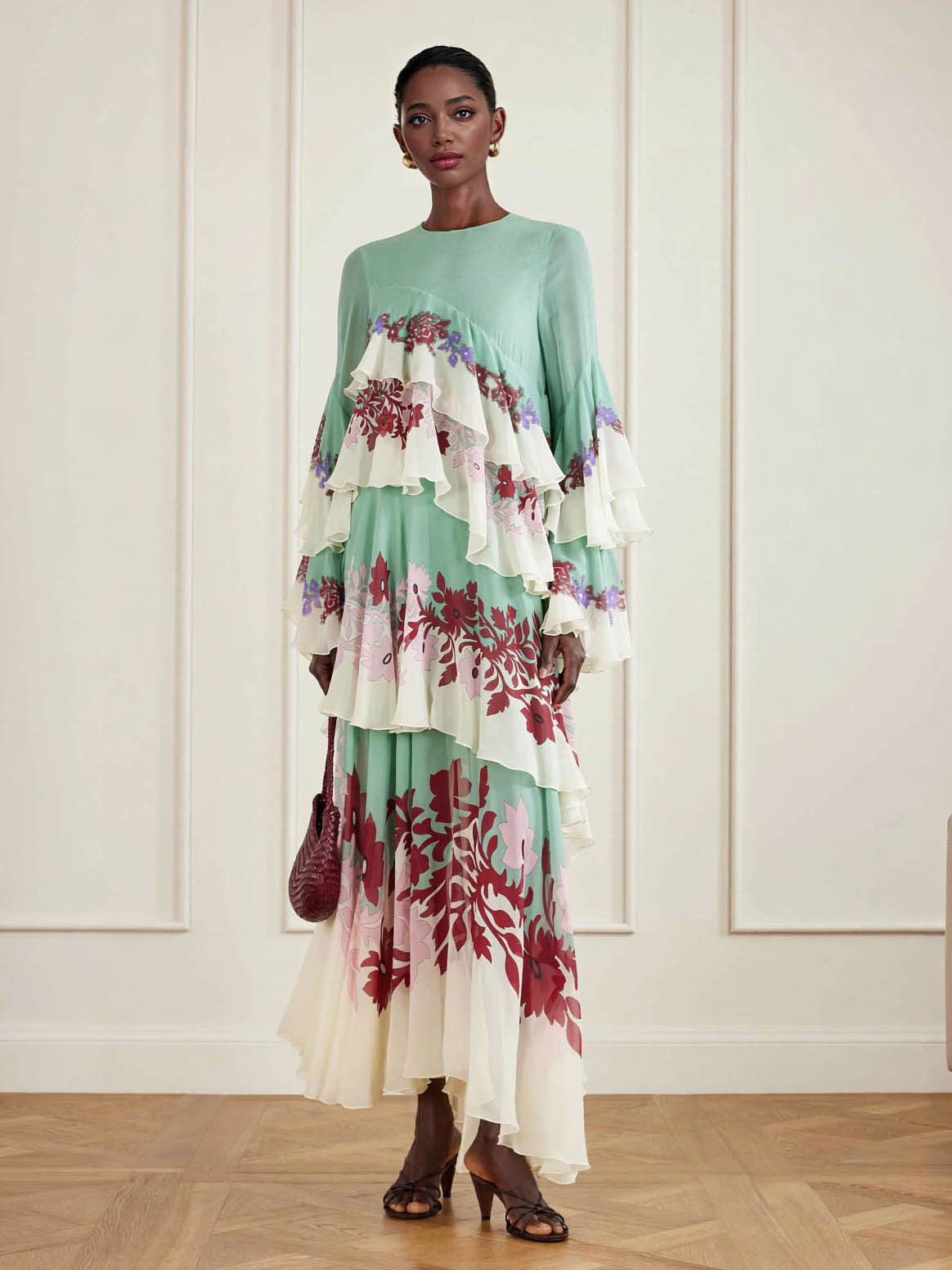 Elegant Floral Print Layered Ruffle Maxi Dress