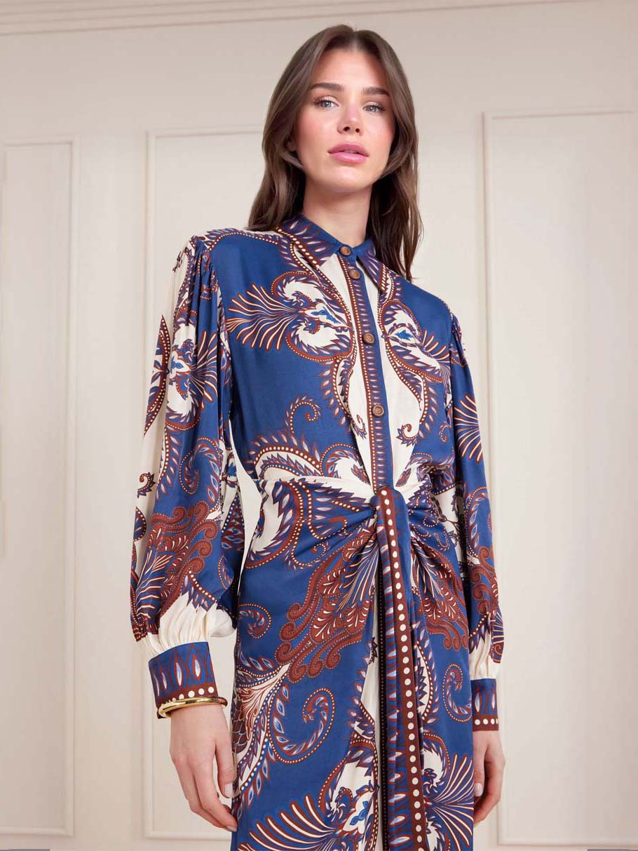 Elegant Paisley Print Tie-Waist Shirt Midi Dress