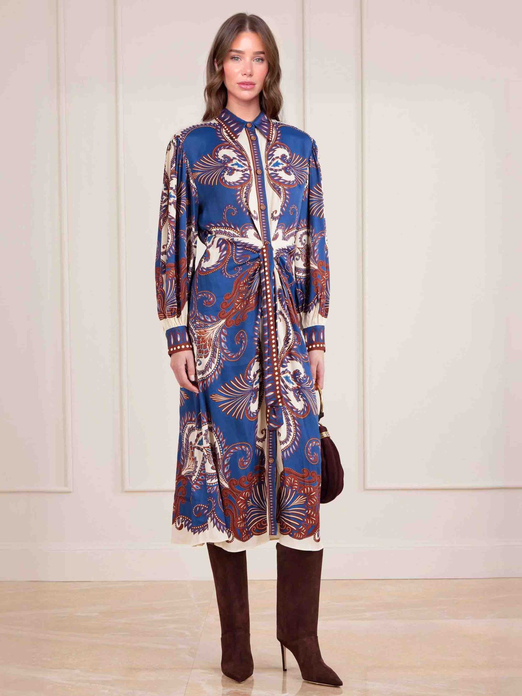 Elegant Paisley Print Tie-Waist Shirt Midi Dress