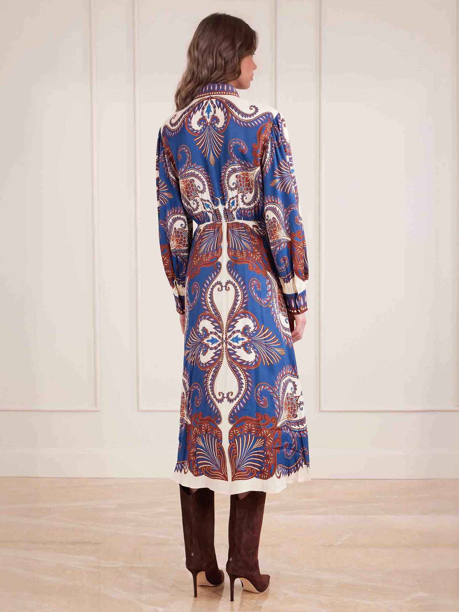 Elegant Paisley Print Tie-Waist Shirt Midi Dress