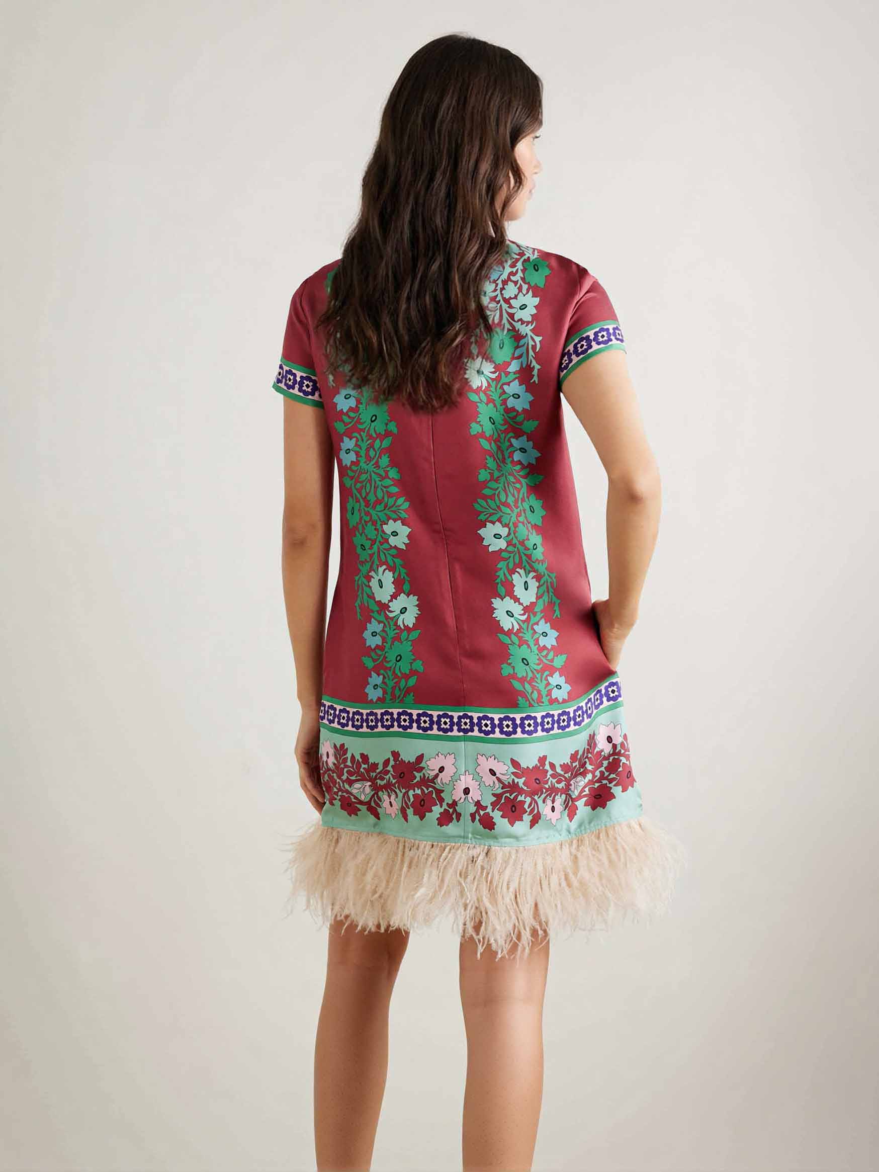 Retro Floral Print Feather-Hem Mini Dress