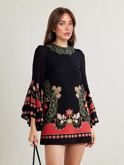 Embeellished Printed Silk Crepe From China Mini Dress