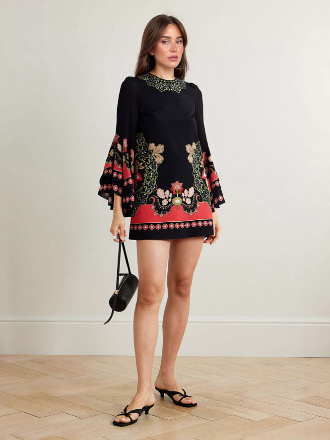 Embeellished Printed Silk Crepe From China Mini Dress