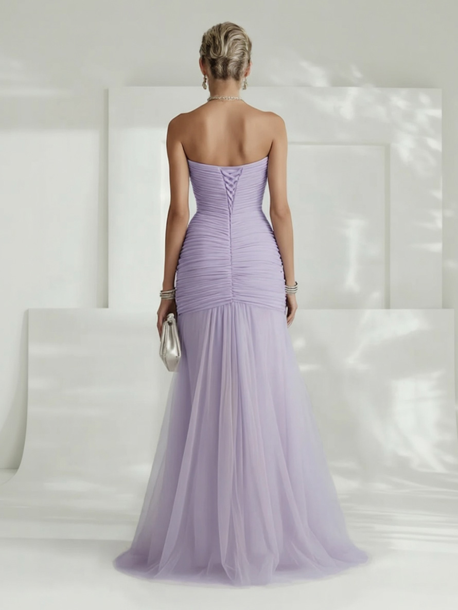 Elegant Strapless Pleated Tulle Maxi Dress
