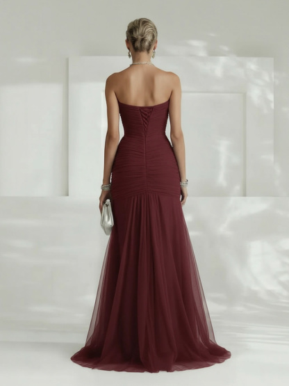 Elegant Strapless Pleated Tulle Maxi Dress