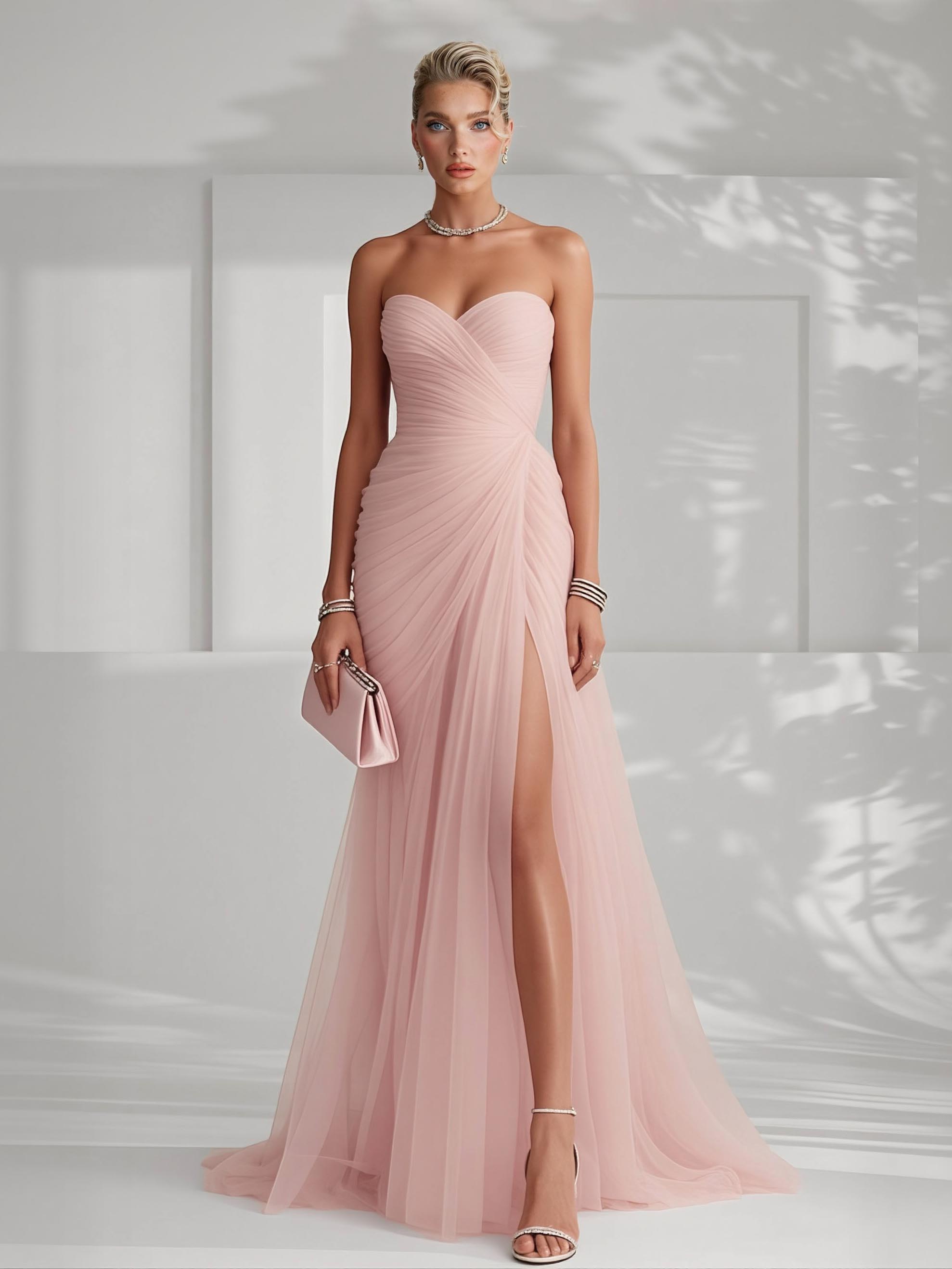 Elegant Strapless Pleated Tulle Maxi Dress