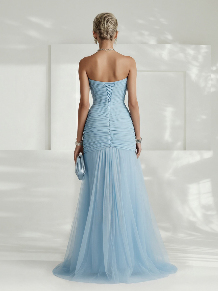 Elegant Strapless Pleated Tulle Maxi Dress
