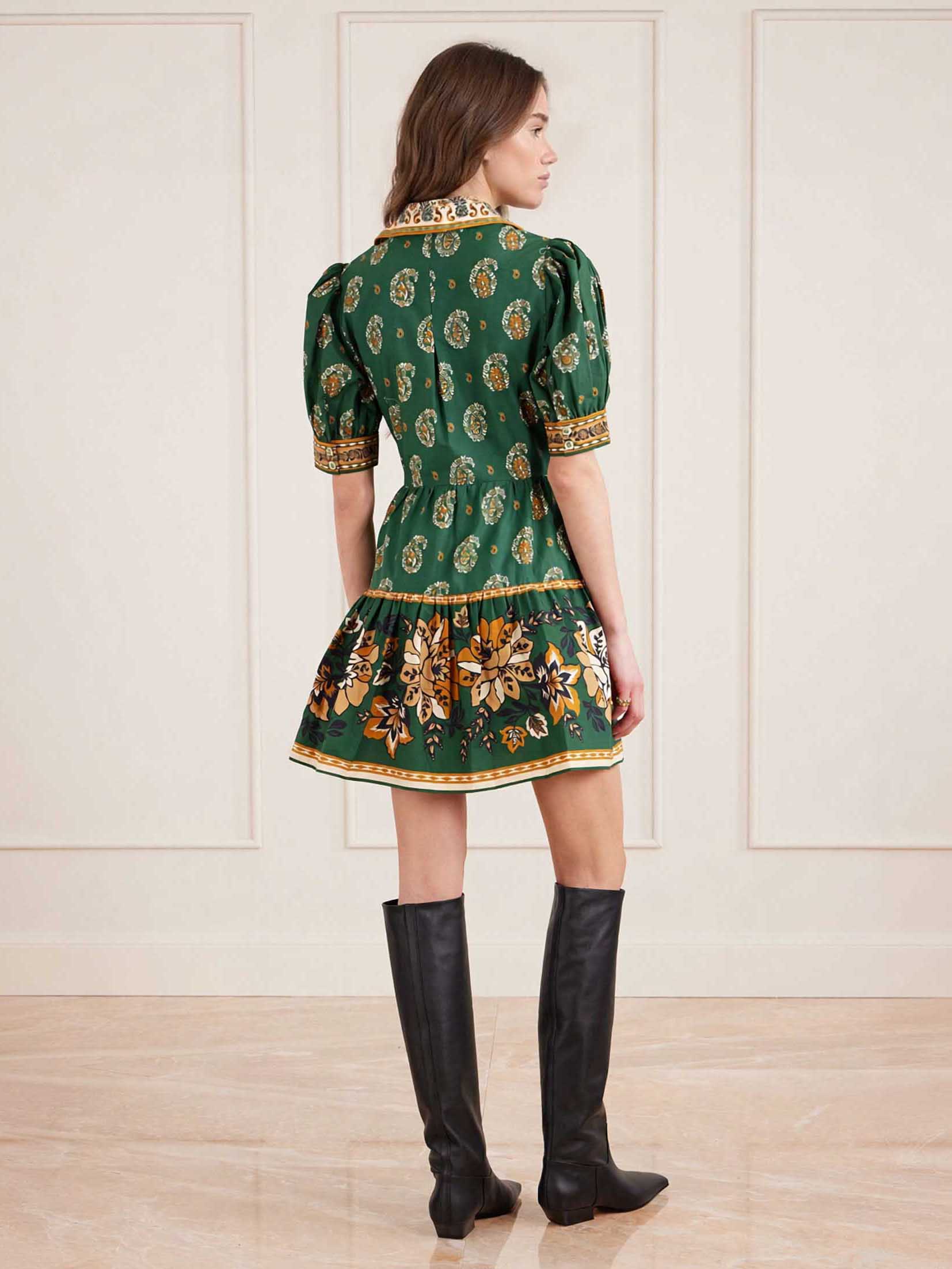 Exquisite Printed Puff Sleeve Twist-Front Shirt Mini Dress