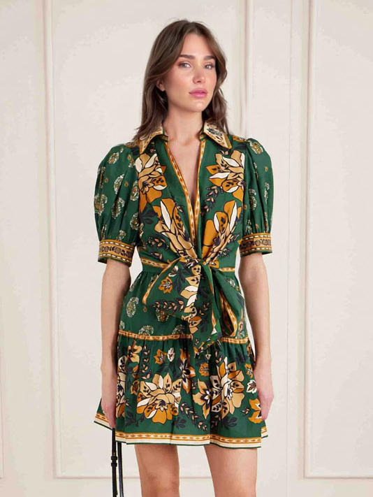 Exquisite Printed Puff Sleeve Twist-Front Shirt Mini Dress