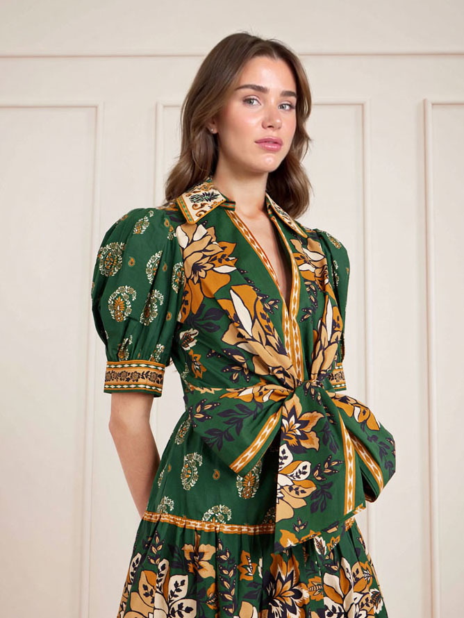 Exquisite Printed Puff Sleeve Twist-Front Shirt Mini Dress