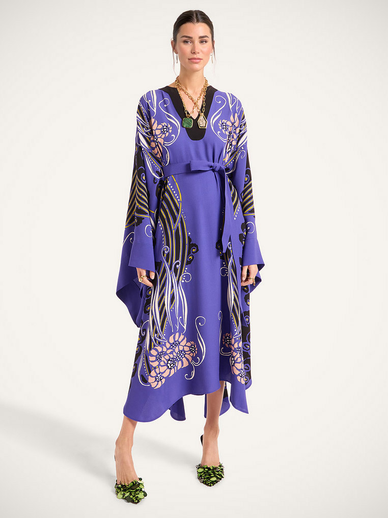 Bold Abstract Floral Print Flared Sleeve Belted Midi Dress