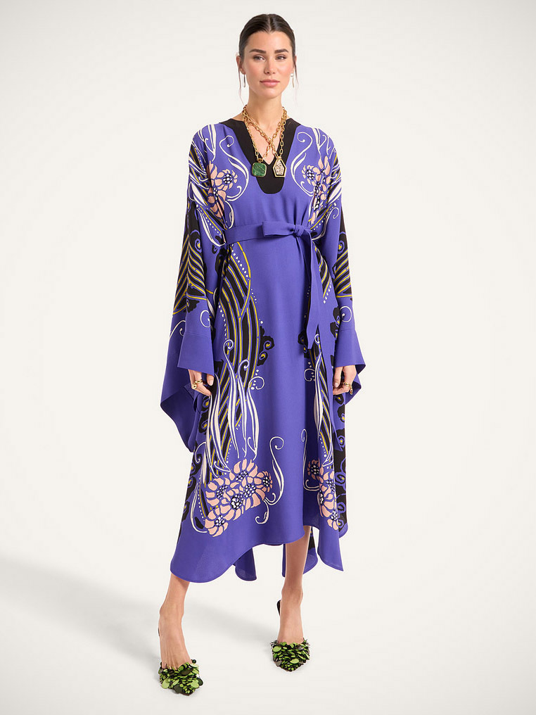 Bold Abstract Floral Print Flared Sleeve Belted Midi Dress