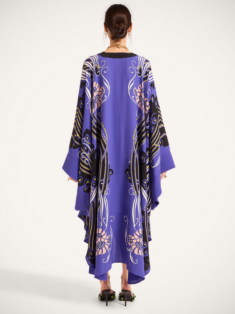 Bold Abstract Floral Print Flared Sleeve Belted Midi Dress