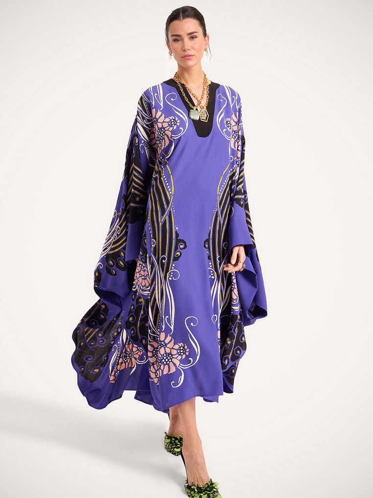 Bold Abstract Floral Print Flared Sleeve Belted Midi Dress