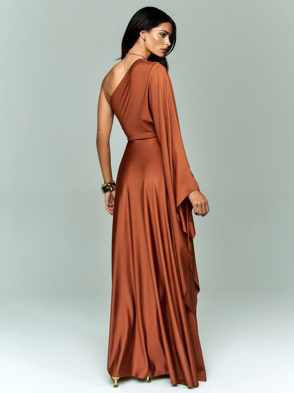 Elegant Asymmetrical Satin Draped Maxi Dress