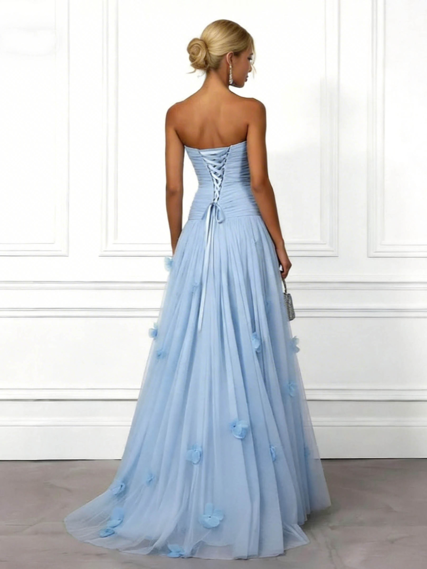 Elegant Strapless Ruched Tulle Evening Maxi Dress