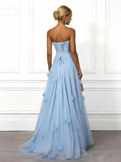 Elegant Strapless Ruched Tulle Evening Maxi Dress