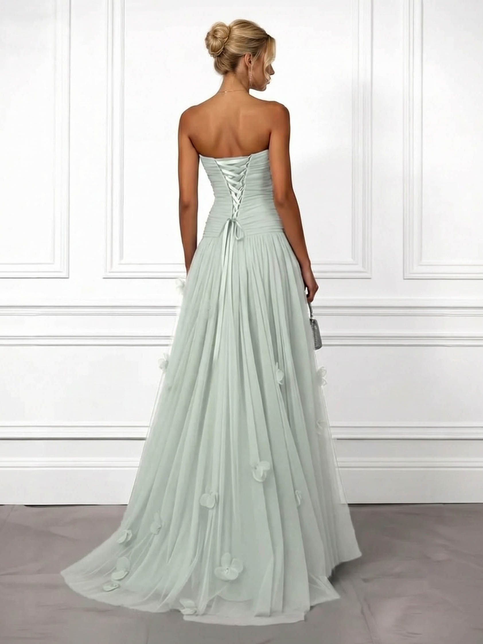 Elegant Strapless Ruched Tulle Evening Maxi Dress