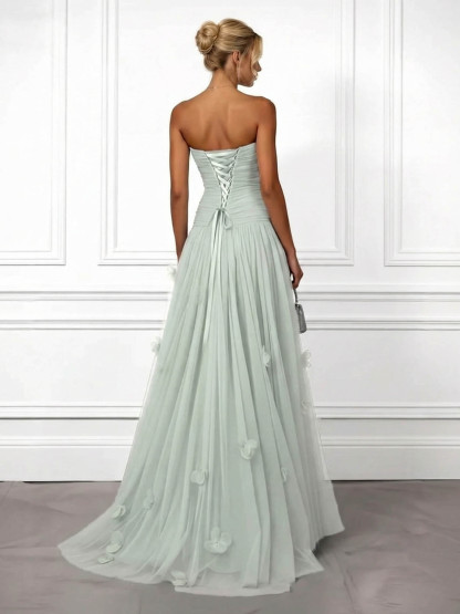 Elegant Strapless Ruched Tulle Evening Maxi Dress
